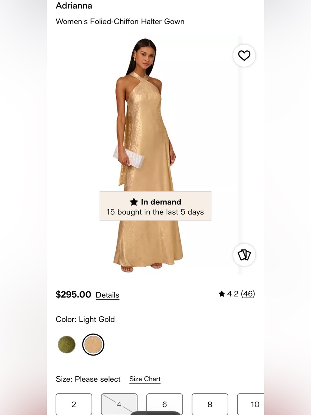 Adrianna Papell Foiled Trumpet Halter Gown in Light Gold